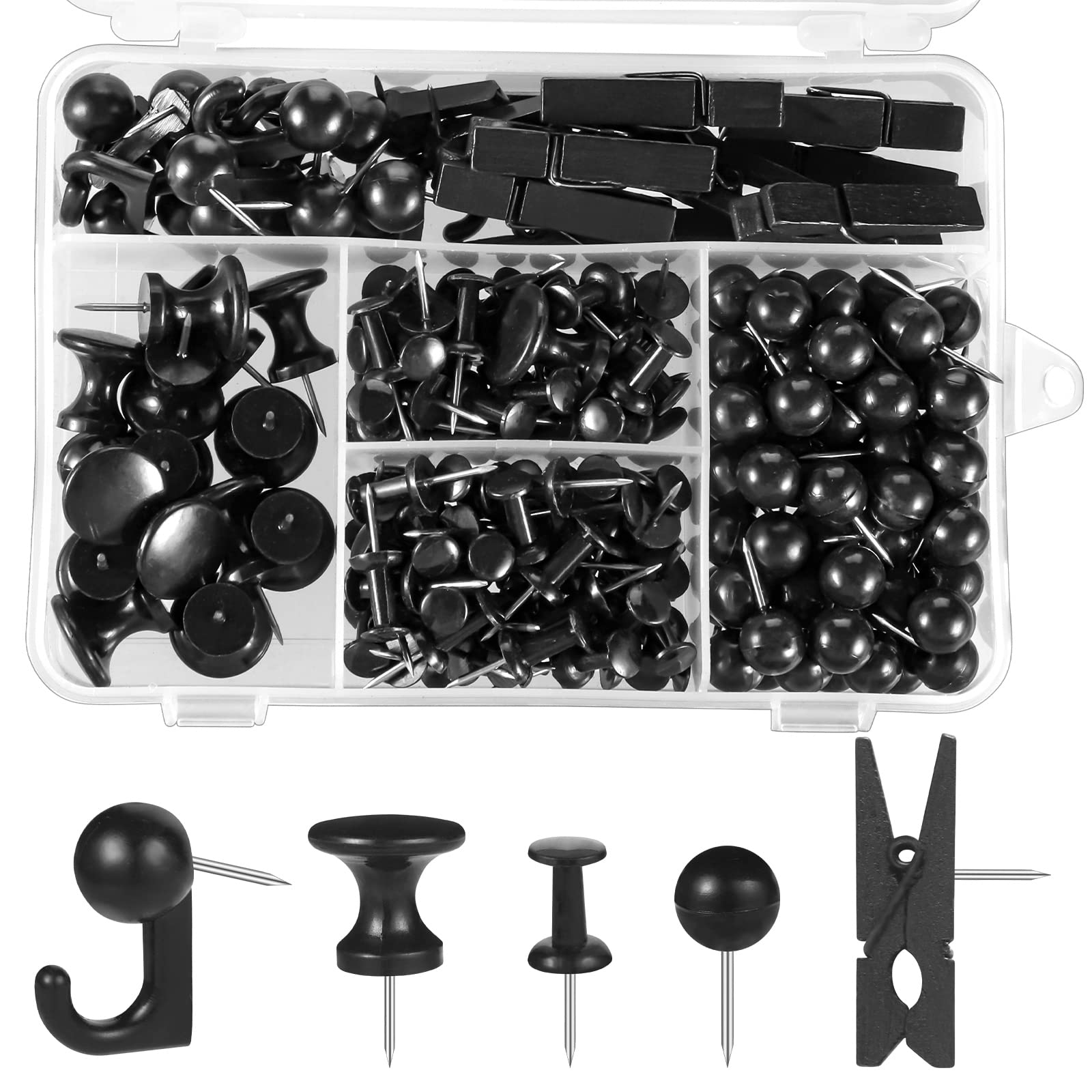 Photo 1 of 200 Pieces Push Pins Thumb Tacks Black Push Pins for Cork Board, 5 Style for Bulletin Boards Wall Maps Pictures Office Home Supplies