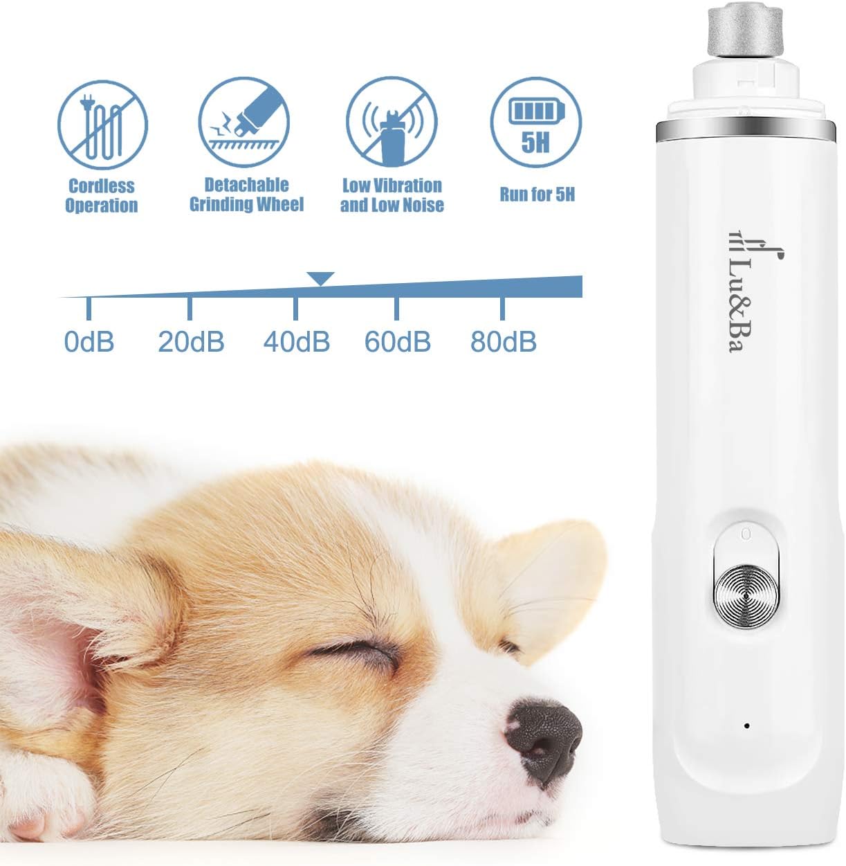 Lu&Ba Dog Nail Grinder for Small Dogs, 2-Speed Electric Pet Trimmer Painless Paws Grooming Smoothing Nail File Low Noise and Portable USB Rechargeable Nail Clippers for Large Puppy Dogs and Cats