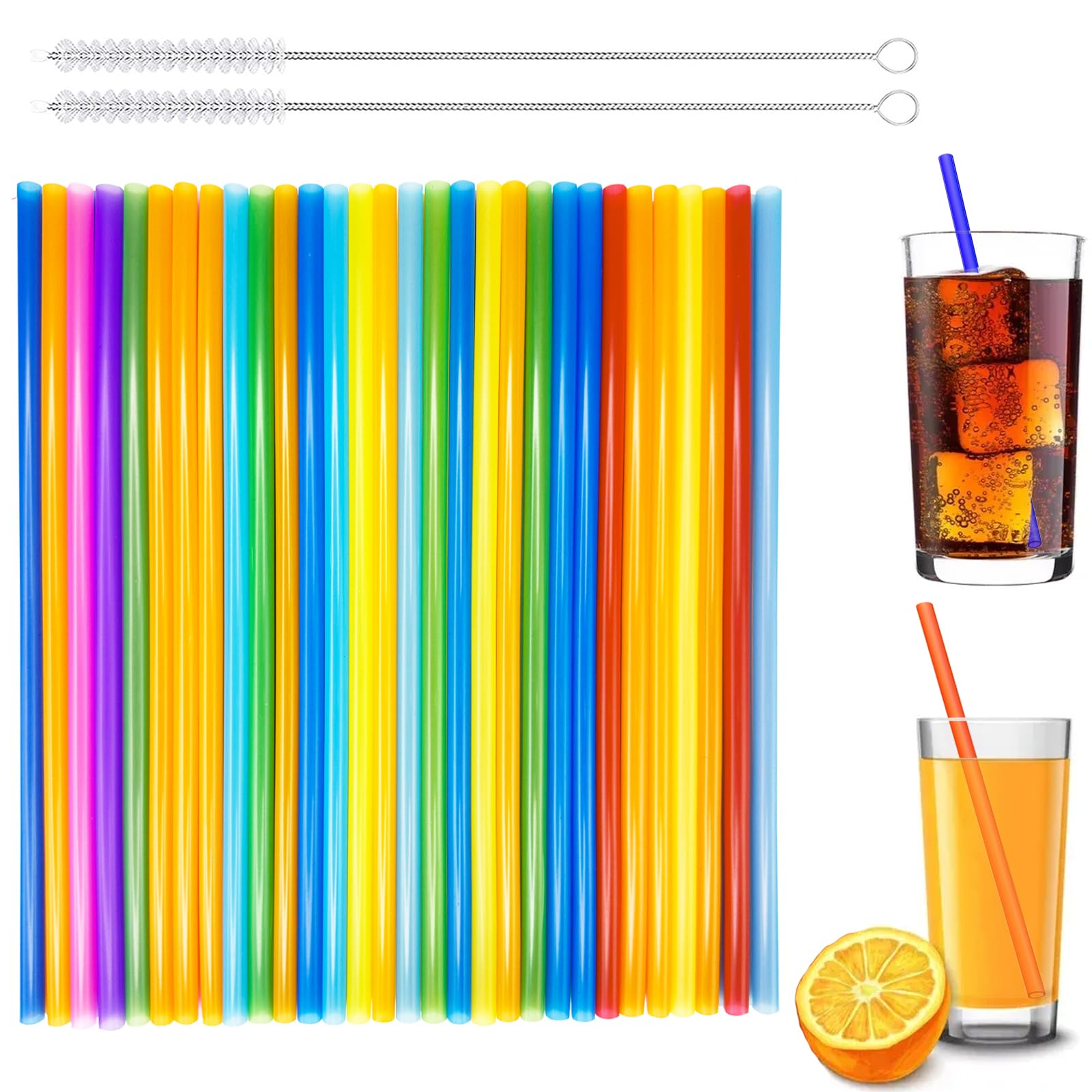Addein 50PCS Drinking Straws with 2 Cleaning Brushes, Reusable Straw, Colorful Drinking Straw, Cocktail Straws for Family Bars Cafes Restaurants BBQ Parties Celebrations