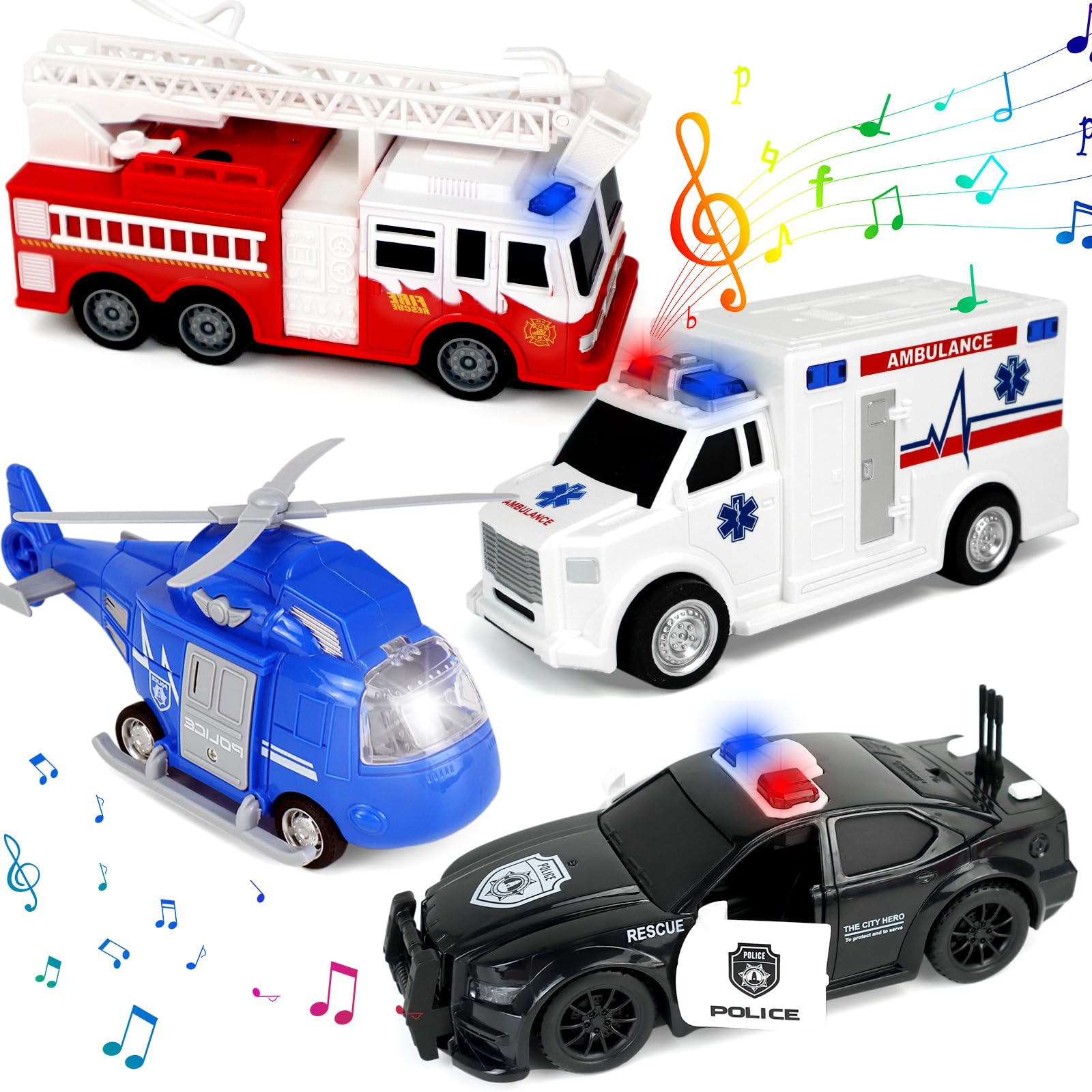 Photo 1 of CORPER TOYS Set of 4 Friction Powered Emergency Vehicles Set with Sounds and Lights,Fire Truck,Ambulance,Police Car and Rescue Helicopter for Kids Gift for Birthday Christmas