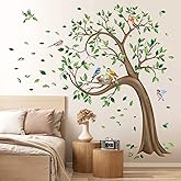 decalmile Large Green Tree Wall Stickers Flying Leaves Birds Wall Decals Bedroom Living Room Sofa TV Background Wall Decor (H:160CM)