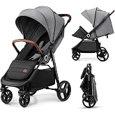 Kinderkraft Grande Plus Buggy, Gray | From Birth to 22 kg, One-Hand Folding, Reclining Position, Large Canopy with Window, All 4 Wheels Dampened