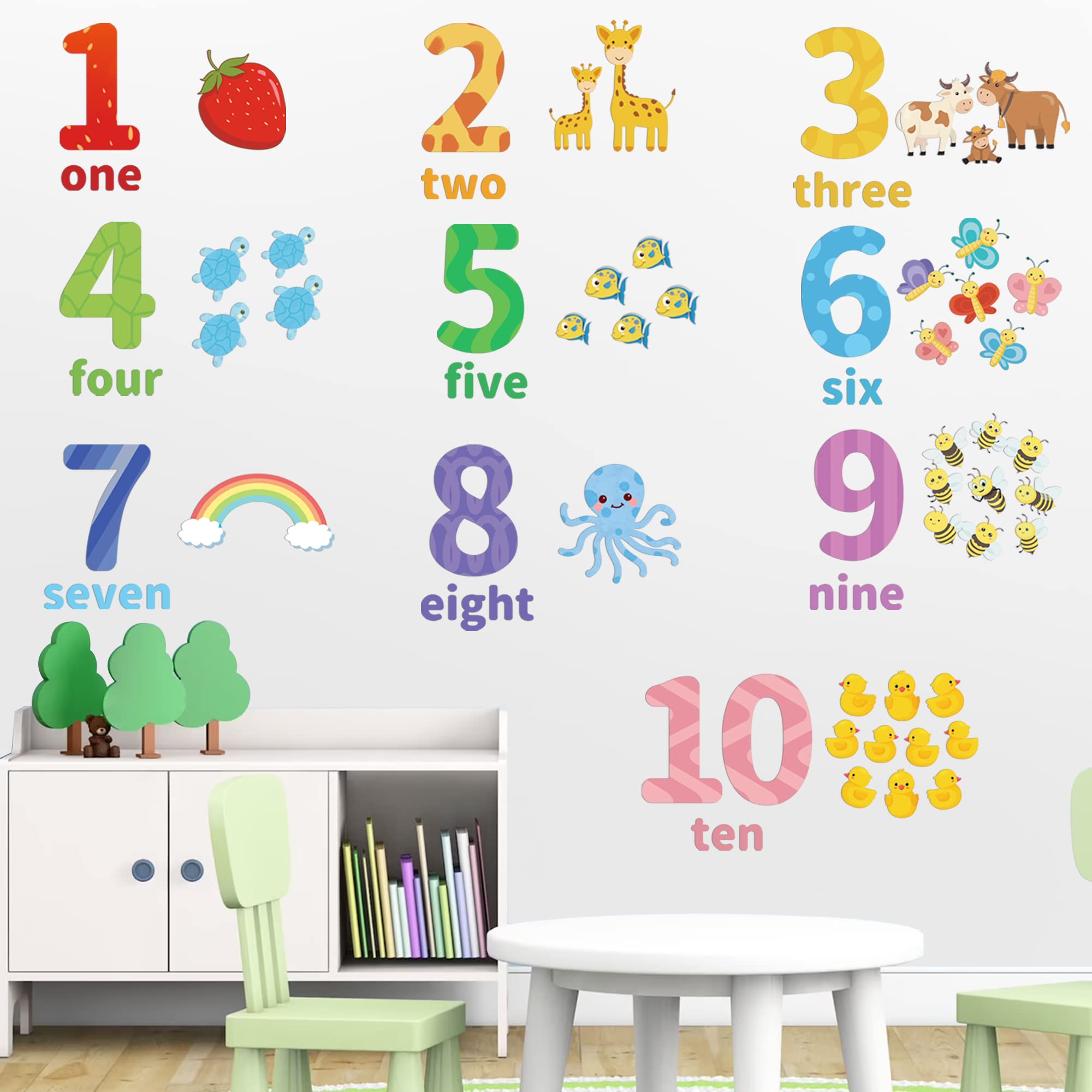 Large Numbers Wall Stickers Educational Learning Animal Arabic Numbers 1-10 Wall Decals Peel and Stickers Removable Counting Vinyl Wall Stickers for Children Kids Toddlers Classroom Playroom Daycare