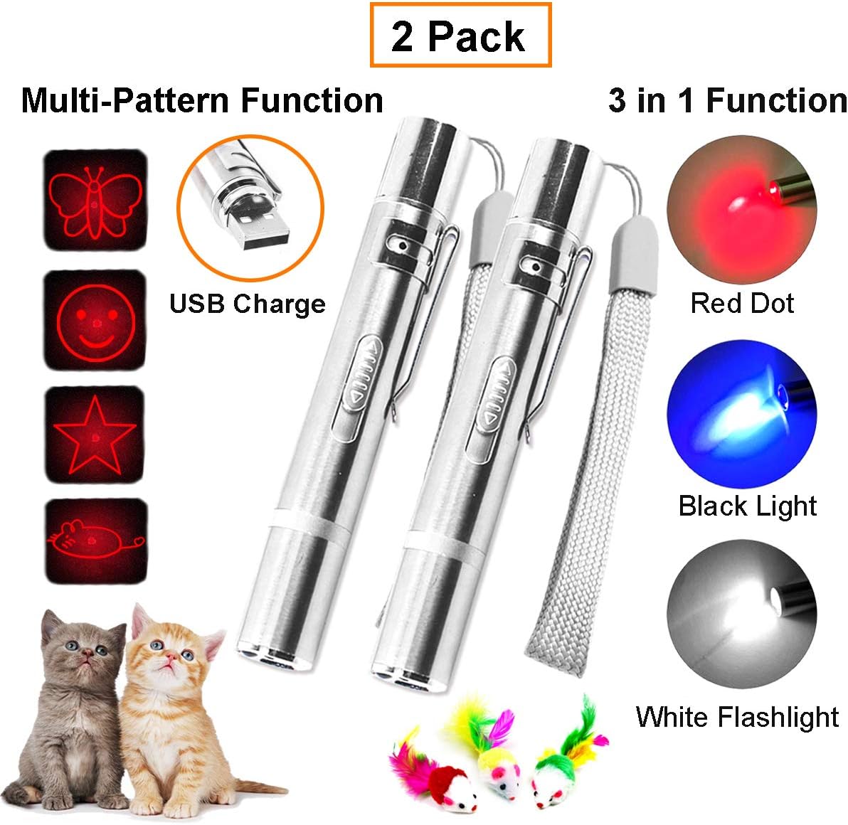 2 Pack Cat Chaser Pointer Light Toy,USB Rechargeable,3 in 1 Multi-Function&Multi-Pattern Function,Pets Dog Interactive Toys,Used as LED Flashlight,Cat Chase Pointer Light,UV.Great for Pet Exercise