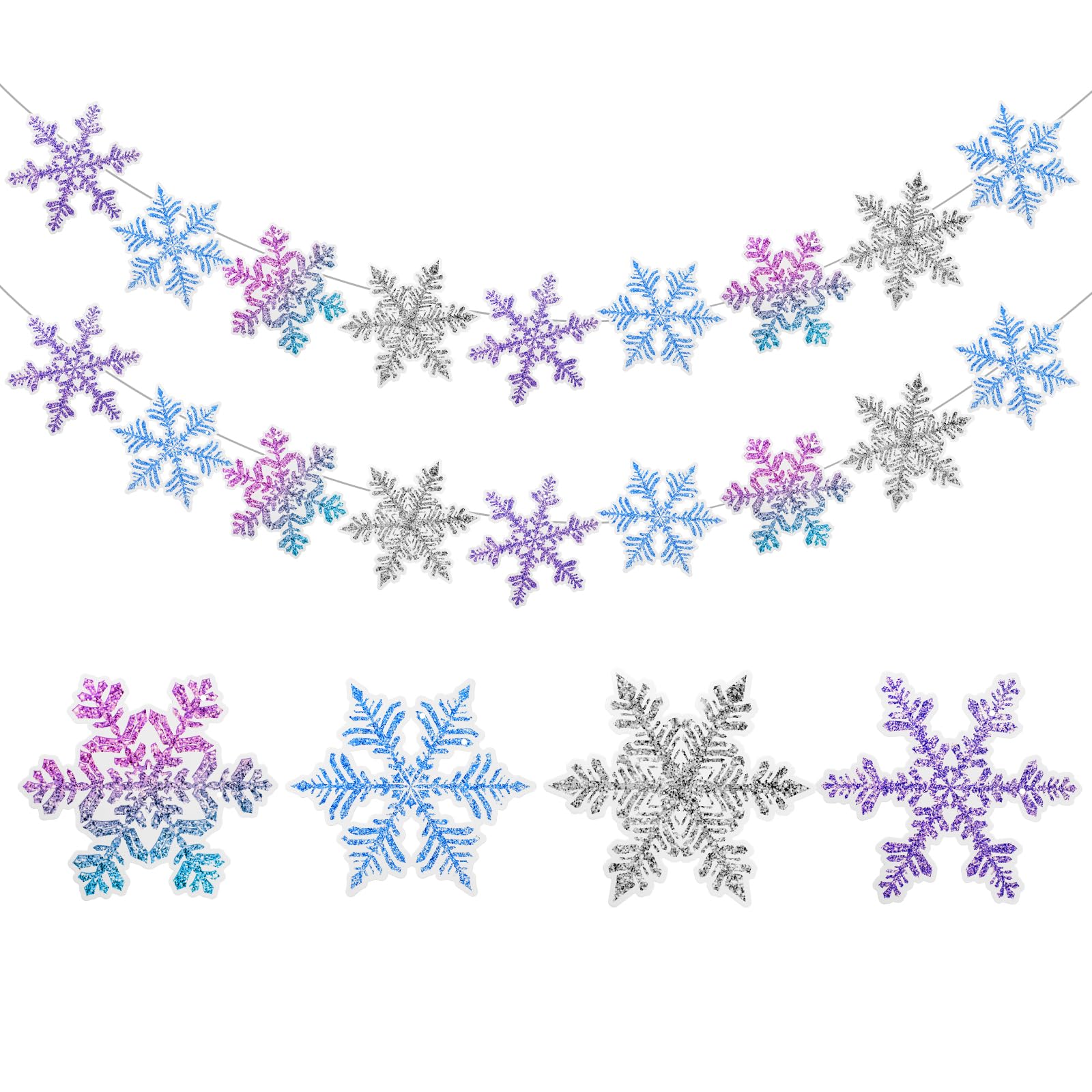 Photo 1 of Taobary 2 Pack Snowflake Banner Garland Blue Purple Hanging Snowflake Decorations Glitter Birthday Party Decorations for Baby Shower Birthday Wedding Supplies