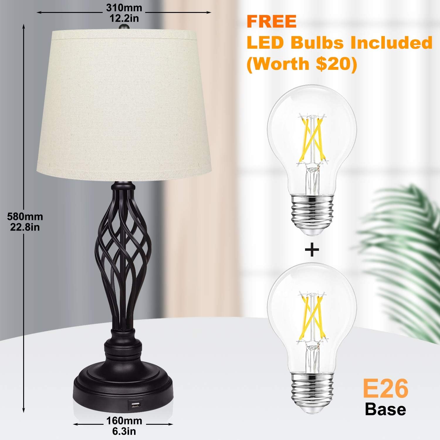 Set of 2 Touch Control 3-Way Dimmable Table Lamp Nightstand Lamp with USB Port AC Outlet Bedside Desk Lamp with Fabric Shade for Living Room Bedroom, Daylight White Bulbs Included - - 