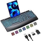 Lighted up Large Print Full Size 2.4G Ergonomic Wireless Keyboard, Rechargeable,with 7 Colored Backlits &Volume Knob&Phone Holder &Wrist Rest,for Mac Windows Laptop PC (Keyboard)