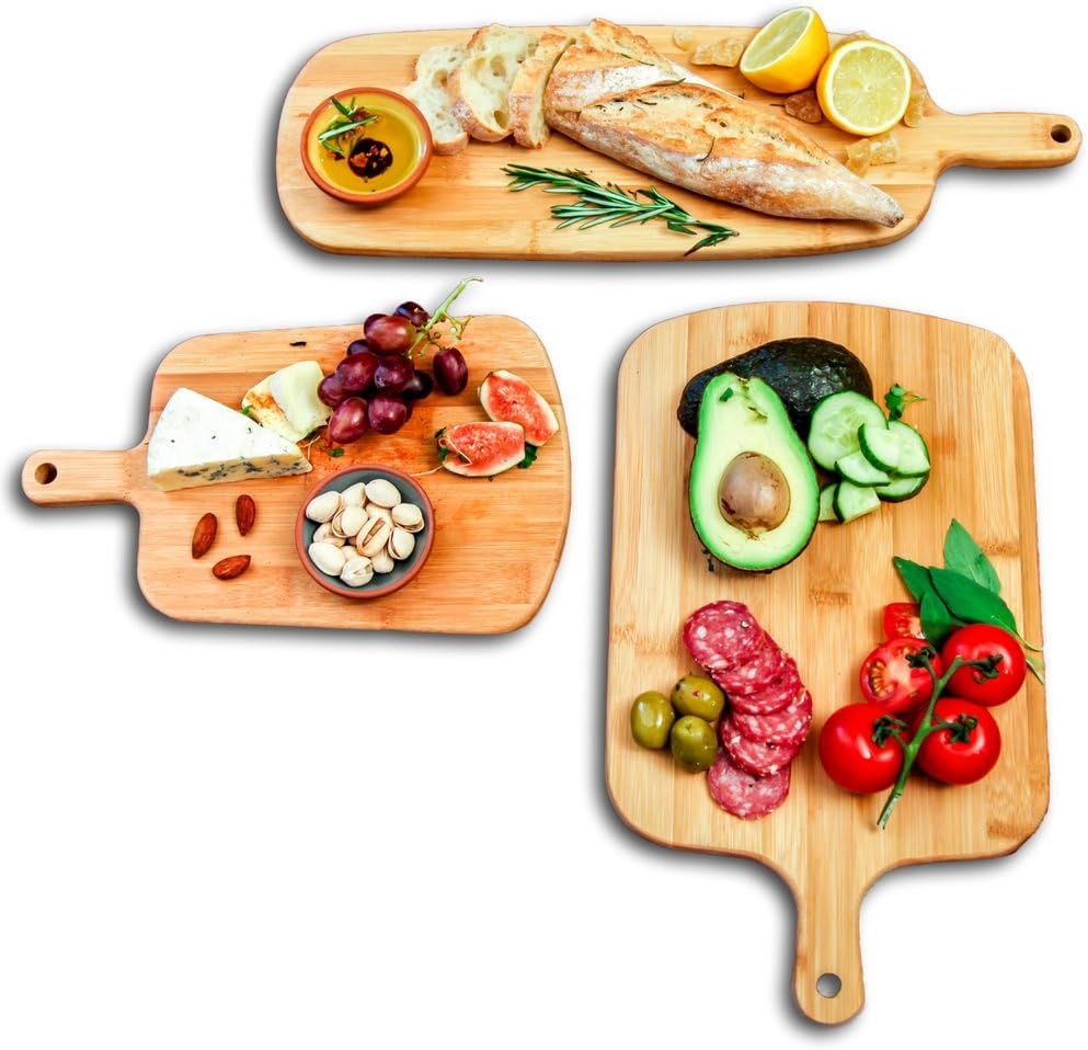 Bamboo Cutting Board Natural Wood Chopping Wooden Boards Large Small Kitchen Home 100% Organic Set of 3 Pieces for Carving Serving Cheese, Bread, Meat, Vegetables, Fruits, Charcuterie