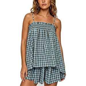 YUSAI Woman Y2K Gingham Lounge Set Sleeveless Peplum Hem Outfit | Ruffle Hem, Babydoll, Frill Trim, Wide Leg Flowy Shorts, Pl