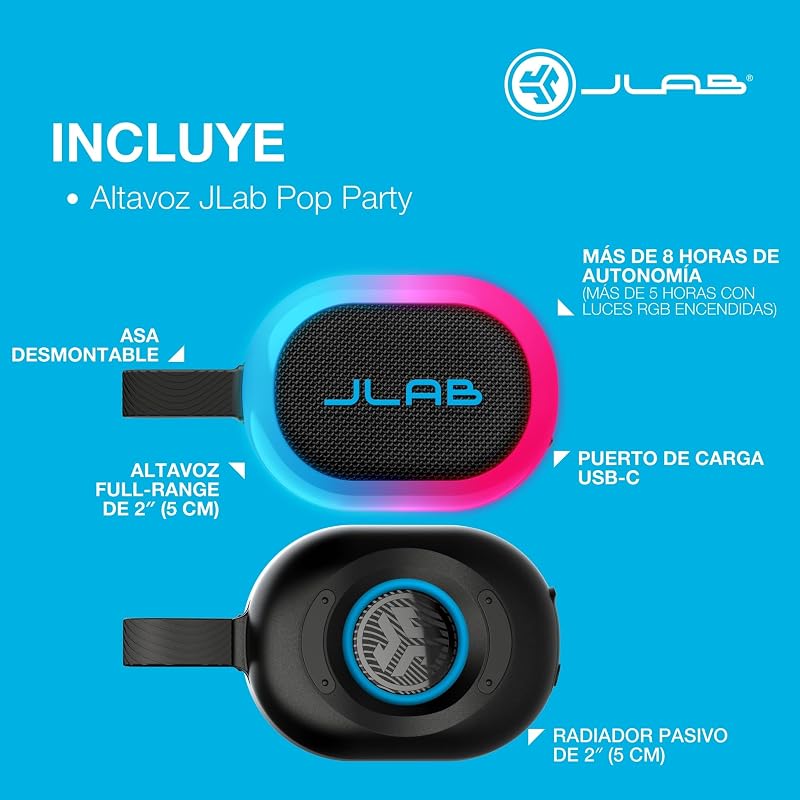 Pop Party Ultraportátil Pequena Coluna Bluetooth com autonomia 8H+ - Coluna sem fios de 5W para exteriores e viagens com luzes RGB, áudio potente, resistência à água IP55, Blackberry