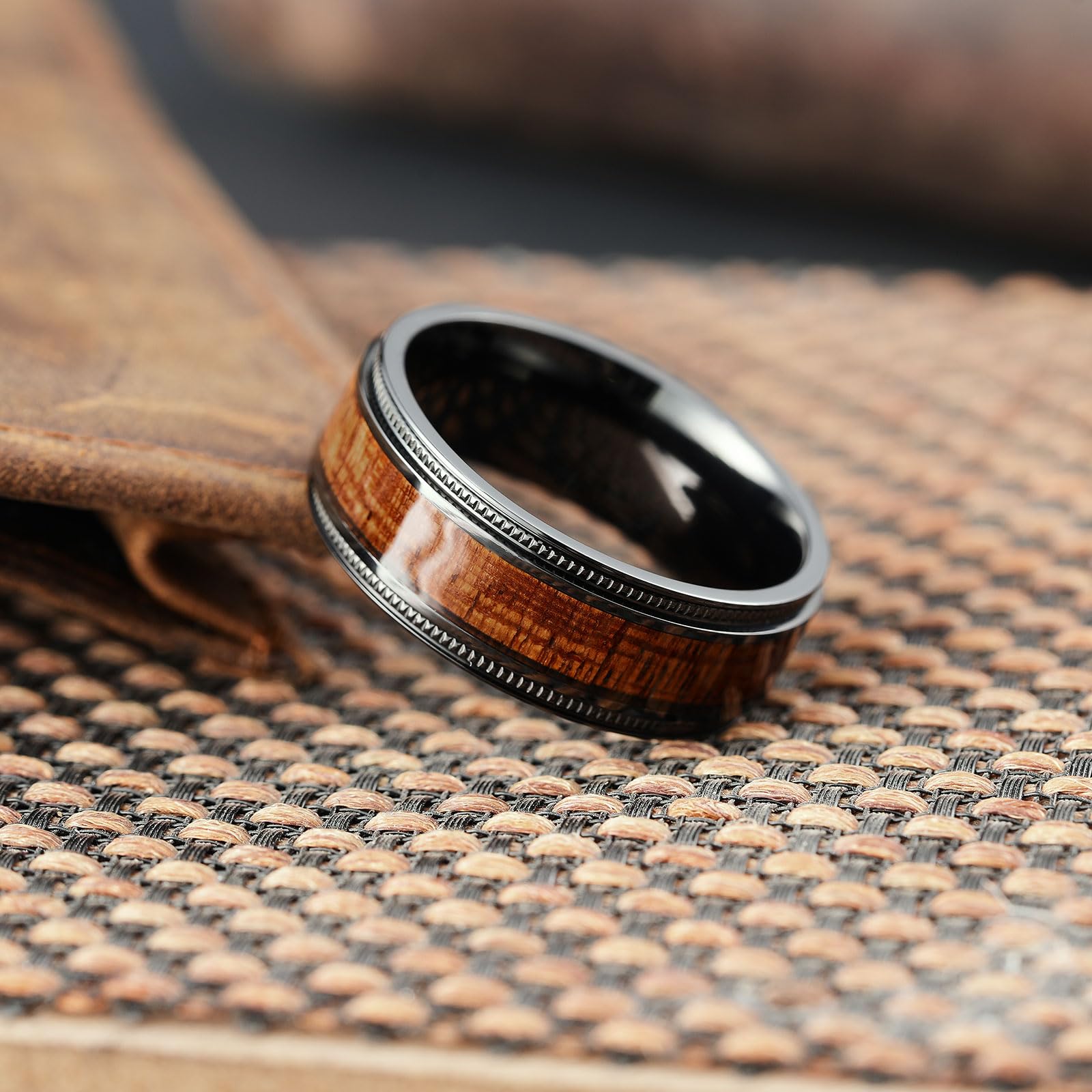 King Will Titanium Wedding Band for Men 7-8mm Black/Silver/Gold Titanium Men Ring with Koa/Maple Wood Inlay, Wooden Wedding Ring for Men Women Comfort Fit Size 6-14