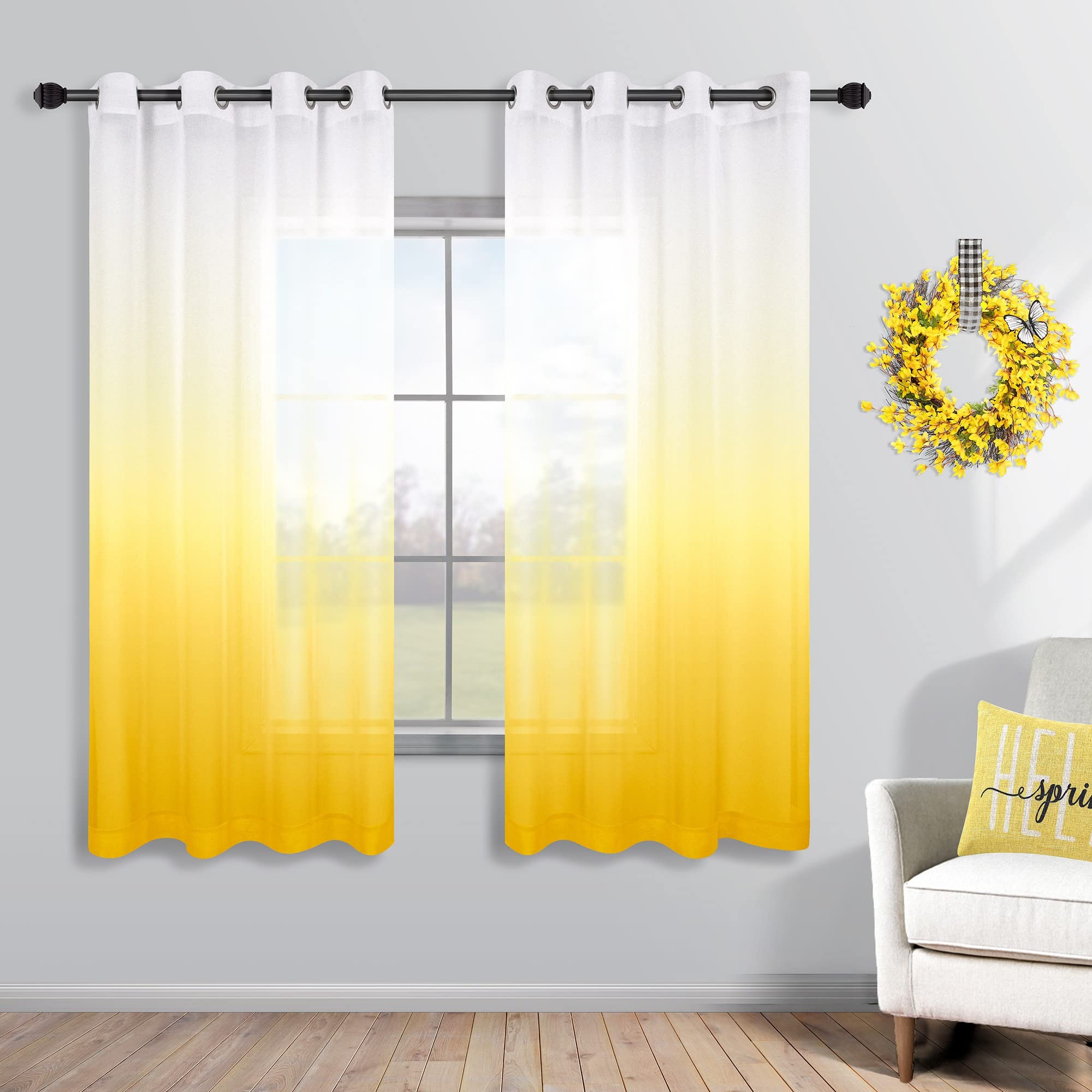 KOUFALL Yellow and White Curtains 63 Inch Length for Bedroom 2 Panels Grommet Window Sheer Ombre Bright Colorful Curtains for Living Room Girls Room 52x63 Inches Long