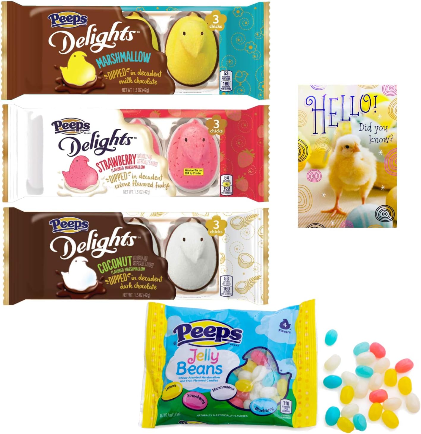 Easter Peeps Marshmallow Chicks Delights Chocolate Variety 3 Flavors – Coconut in Decadent Dark Chocolate, Strawberry in Crème Flavored Fudge, Milk Chocolate Bundle Peeps Jelly Beans with Gift Tag
