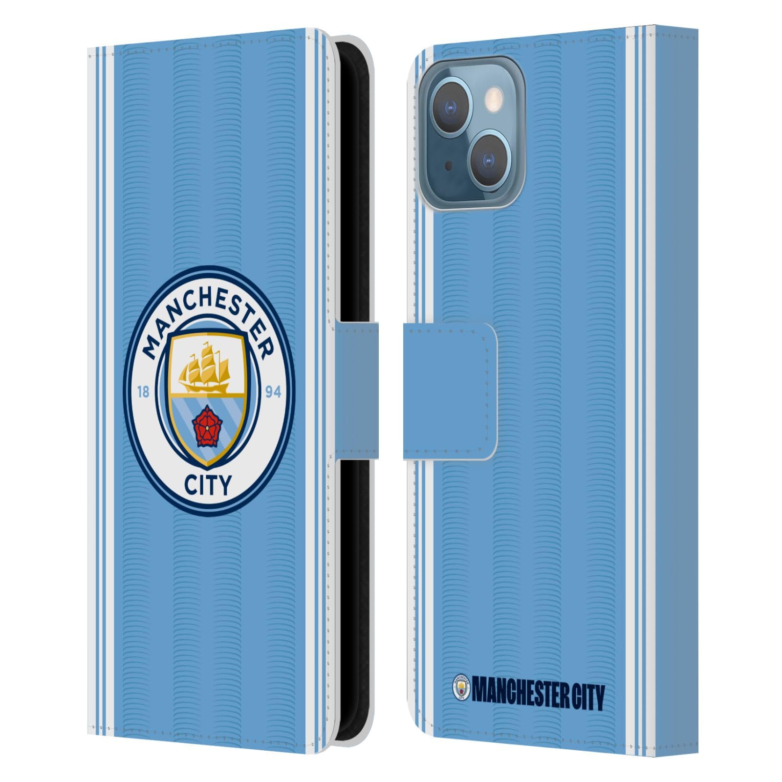 Head Case Designs Officially Licensed Manchester City Man City FC Home 2023/24 Badge Kit Leather Book Wallet Case Cover Compatible With Apple iPhone 13