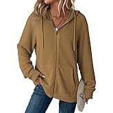 Dokotoo Women's Full Zip Up Hoodies Waffle Knit Long Sleeve Drawstring Casual Sweatshirt Hooded Tops