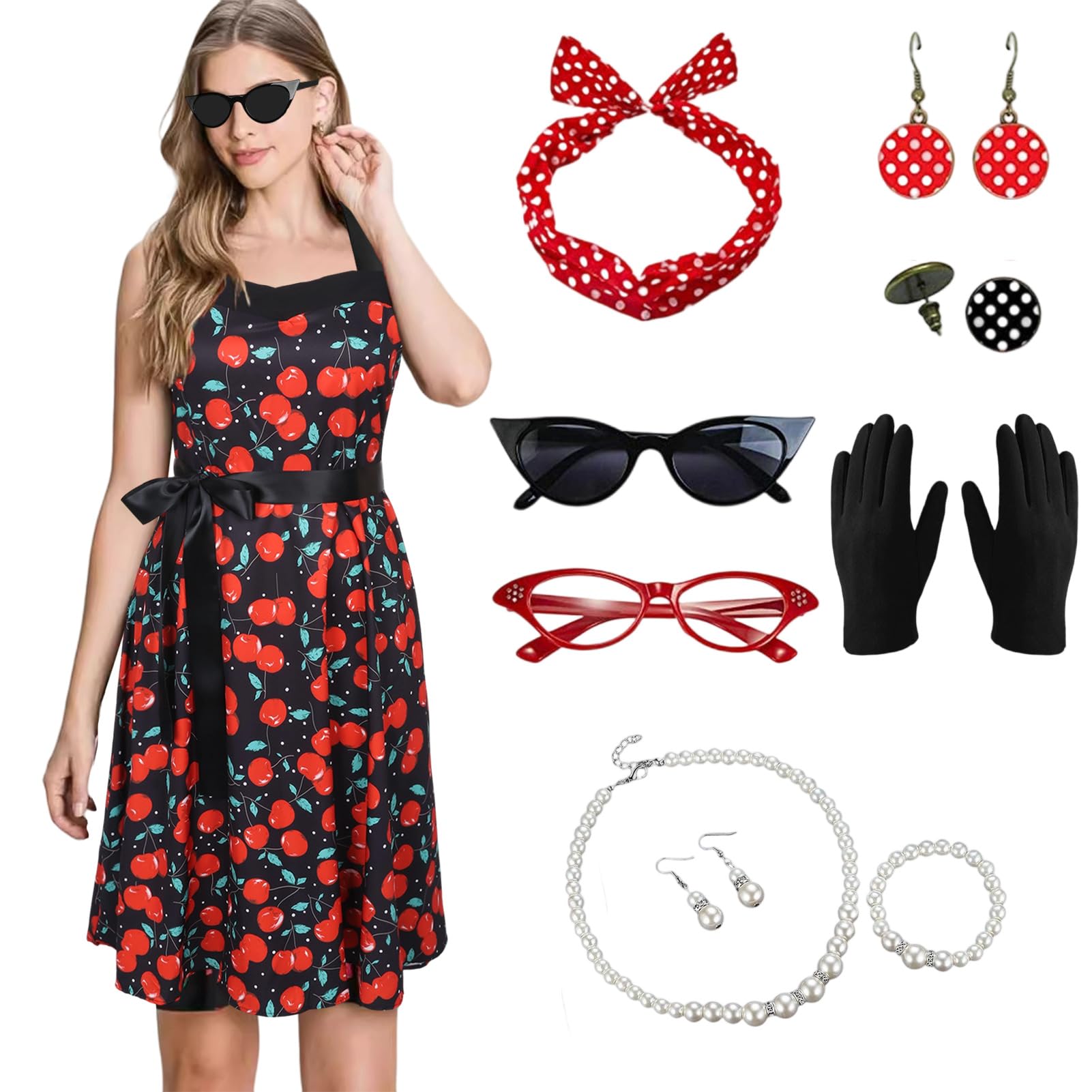 LADIES 1950s Fancy Dress Costume, Summer Sleeveless Rockabilly with RED Cherry Pattern Vintage with Red Bow Headband, Glasses,Gloves and Other Beautiful Accessories for Dress Up Party (RED, XL)