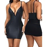 SHAPERIN Women's Deep V Neck Faux Leather Dress Built-in Shapewear Slip Tummy Control Bodycon Night Out Mini Dresses