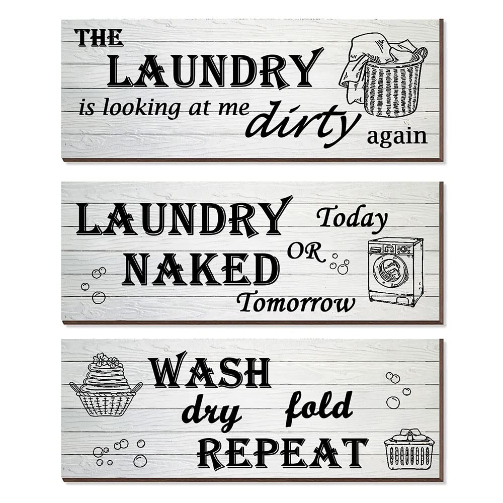3 Pieces Laundry Room Signs, Laundry Wash Dry and Fold Repeat Sign, Rustic Laundry Plaques (White)