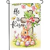 LosFong He Is Risen Christian Easter Garden Flag 12x18 Inch Double Sided Easter Eggs Bunny Cross Floral Small Garden Flags, Lawn Yard Flag for Outdoor Decoration