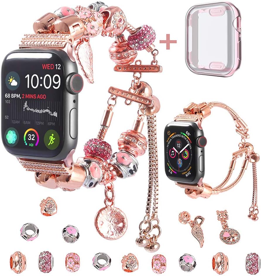 KoudHug Compatible for Apple Watch Bands and Case 38mm 40mm 42mm 44mm for SE Series 6 5 4 3 2 1, Switchable 2 in 1 DIY Charm Bracelet iWatch Replacement Band with Beaded for Women/Girls