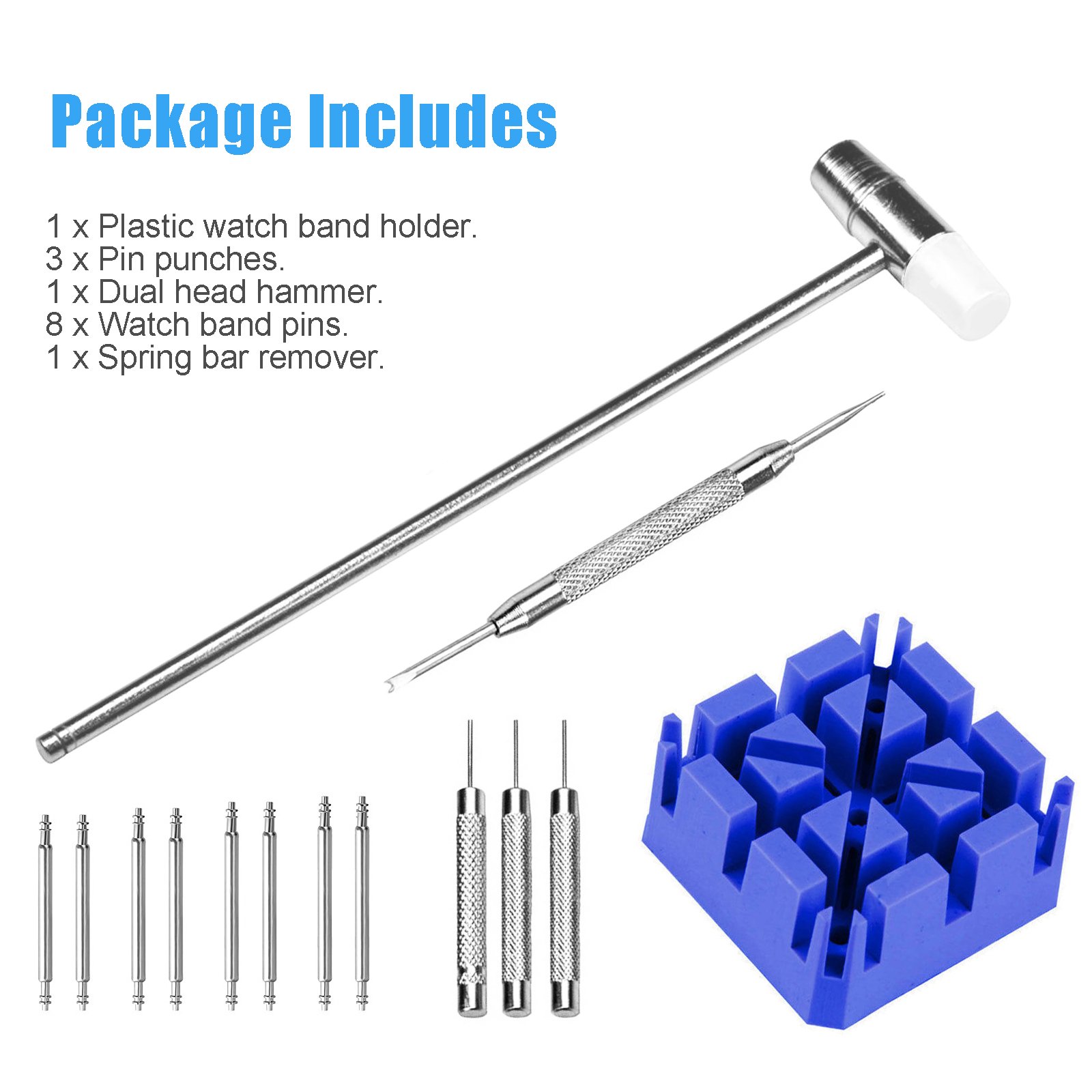Watch Repair Kit, Spring Bar Tool Kit with Watch Strap Link Pin Remover/Watch Band Holder/Dual Head Hammer/Watch Pins(18 20 22 24 mm)/Pin Punches, Watch Repair Strap Removal Kit ideal for Watchmaker