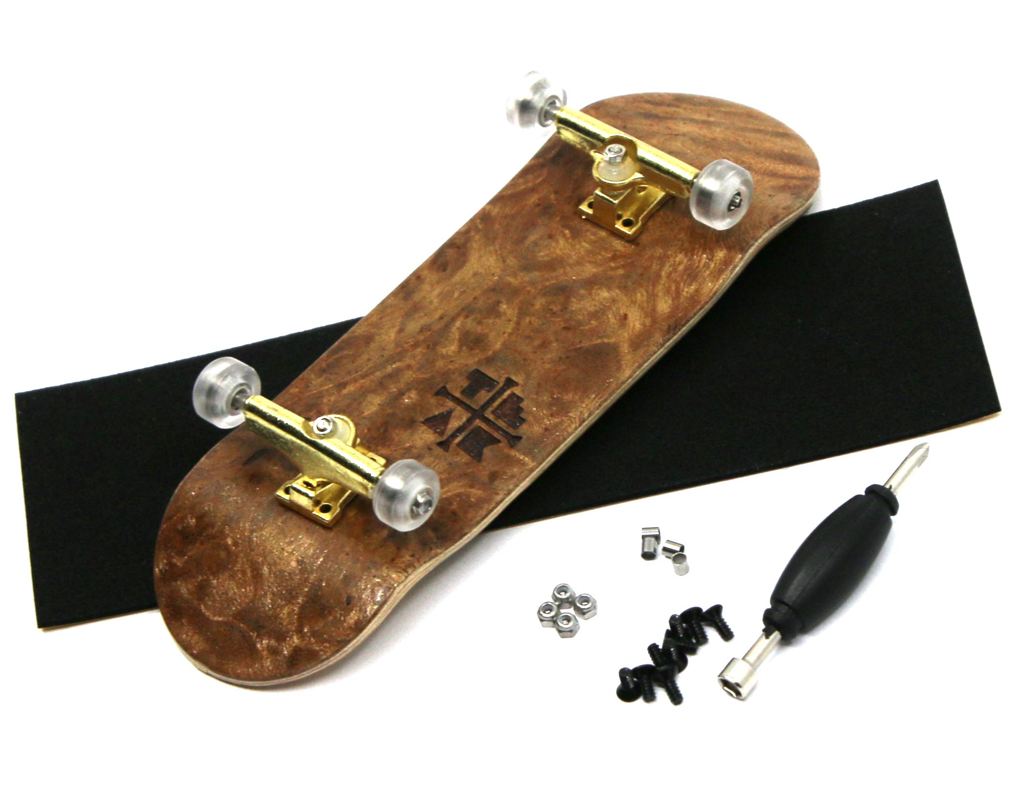 Teak Tuning Prolific Complete Fingerboard with Upgraded Components - Pro Board Shape and Size, Bearing Wheels, Trucks, and Locknuts - 32mm x 97mm Handmade Wooden Board - Cloud Nine Engraved Edition