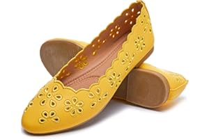 FRACORA Women's Ballet Flats Black PU Leather Dress Shoes Comfortable Round Toe Slip on Flats with Floral Eyelets