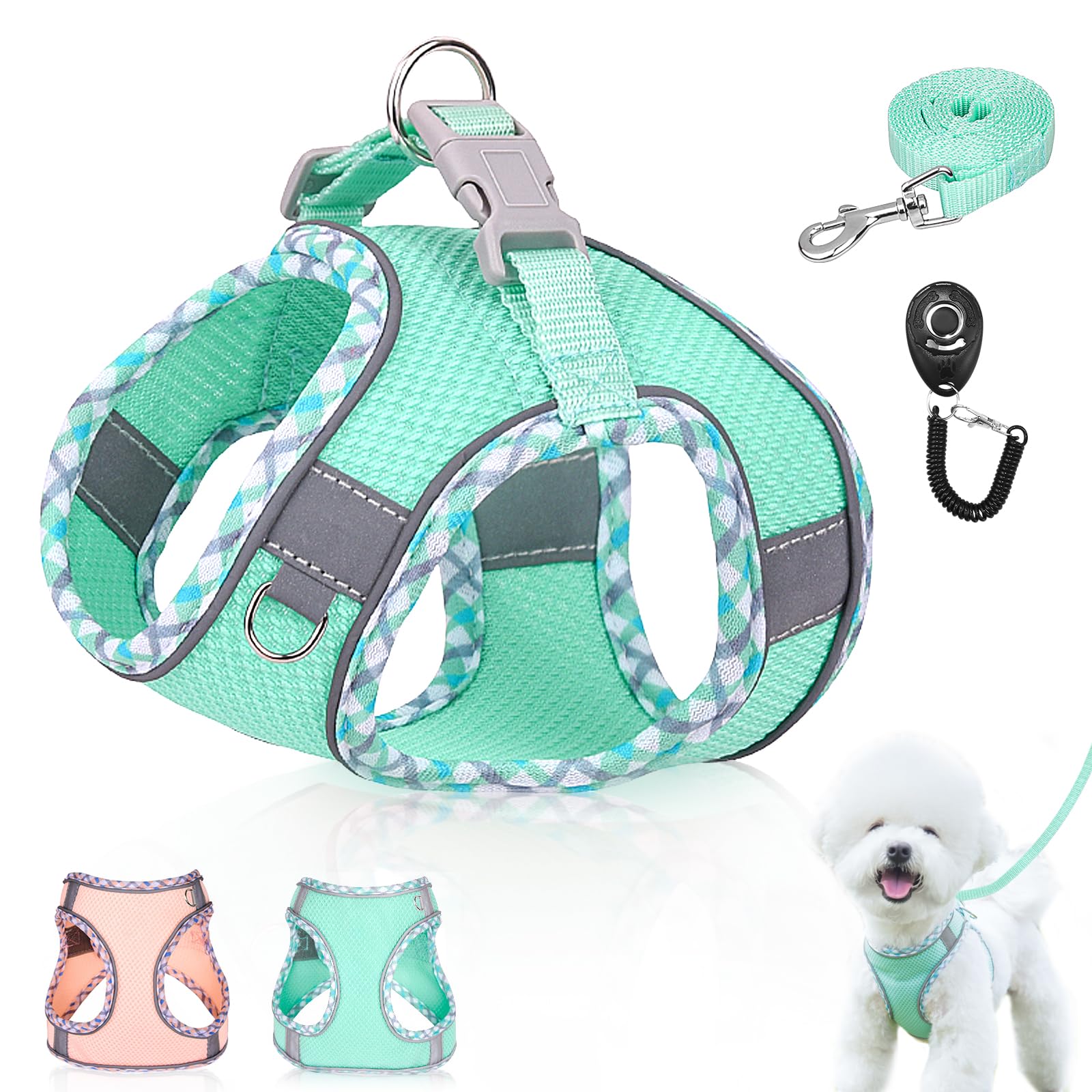 Dog Harness and Leash Set,Soft Mesh Breathable Dog Vest Harness with Training Clicker,Adjustable No Pull Reflective Pet Vest Harness with Safety Buckle for Small Medium Dogs, Cats, Puppies(Green, S)