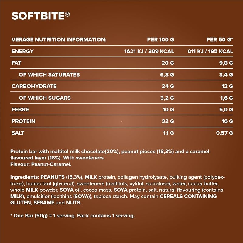Barra de Proteína de Caramelo de Amendoim SoftBite, 12 × 50 g – Textura extra suave, rica em proteína e fibra, sem açúcares adicionados, ideal para consumo diário