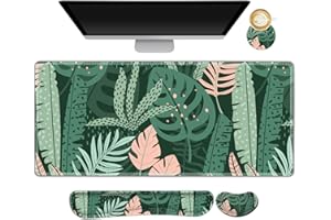 AIMSA Large Gaming Mouse Pad Set, Keyboard Wrist Rest Support Mouse Pad, Ergonomic Memory Foam Multifunctional Extended Desk Mat 35x15.7in Anti-Slip Rubber Base for Office Home, Pink Green Leaves