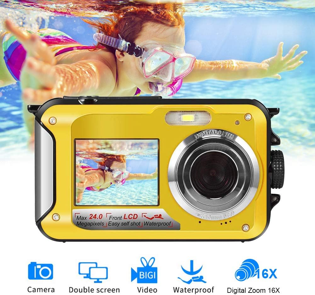 Waterproof Camera 24.0MP Underwater Camera HD 1080P for Snorkeling 3.0 Meter Waterproof Digital Camera Completely Sealed 2.7 Inch TFT-LCD Dual Screen