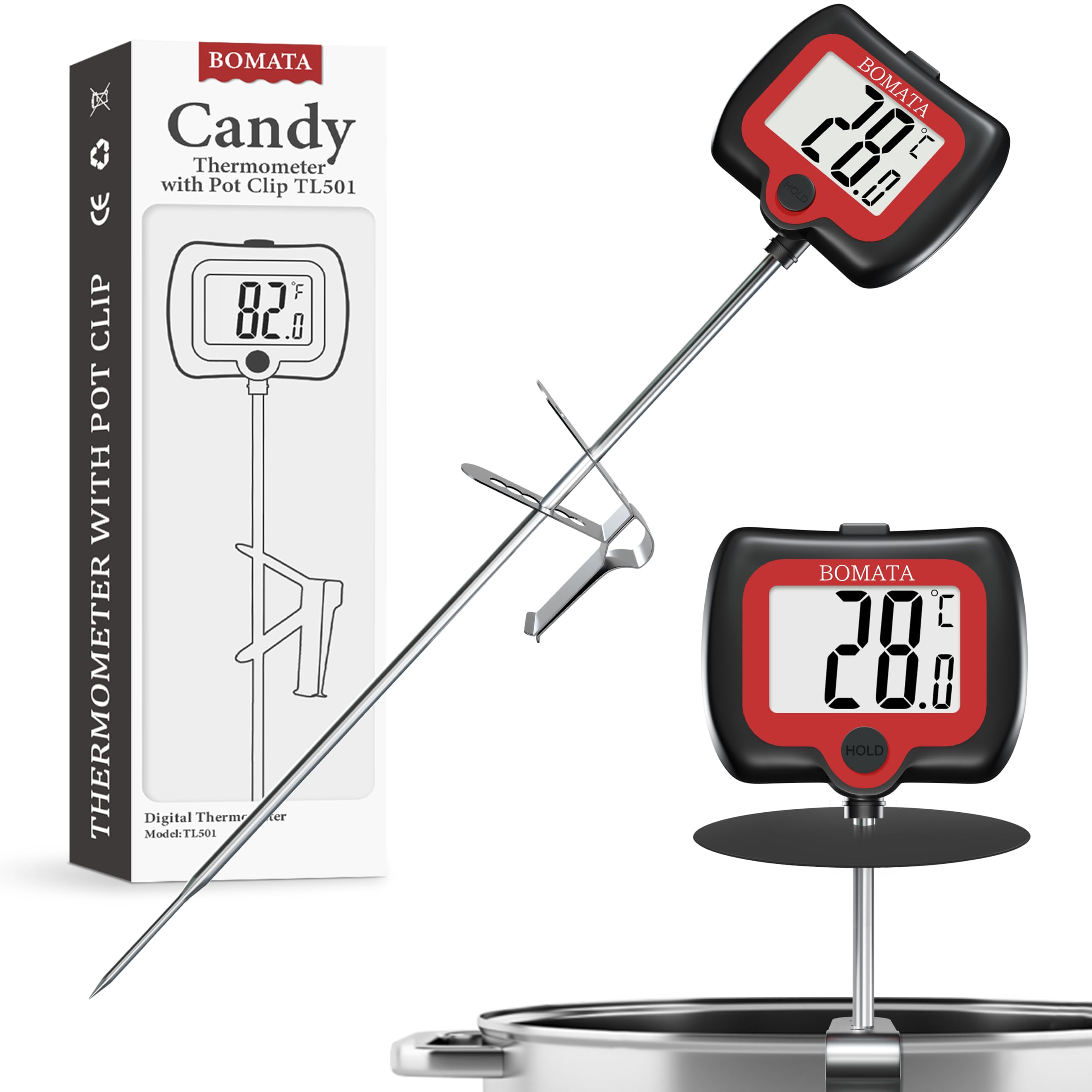 BOMATA 20cm Long Probe Candy Thermometer with Pot Clip, Rotating Display, High Accuracy Instant Read Digital Thermometer for Candles, Liquids, Cooking, Grilling and More…
