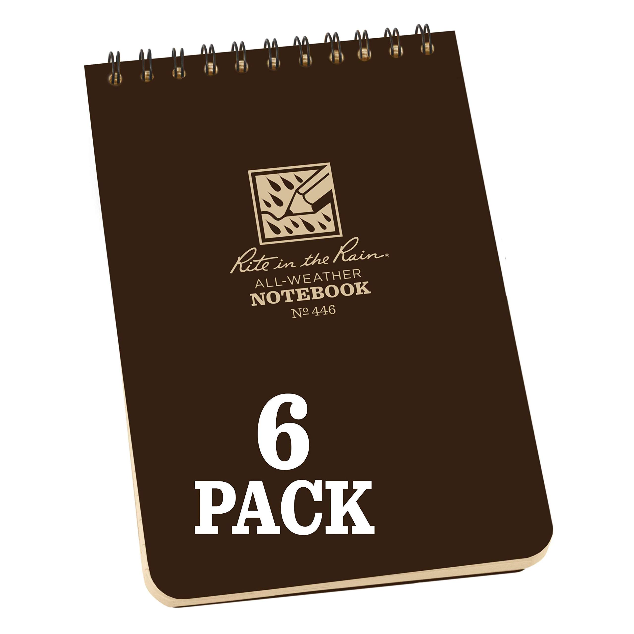 Rite in the Rain Weatherproof Top Spiral Notebook, 4" x 6", Brown Cover, Universal Pattern, 6 Pack (No. 446L6)