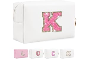 IQIMOTT Initial Letter Patch Makeup Bag, Small Preppy A-Z Glitter Letter Cosmetic Bag, PU Leather Waterproof Travel Toiletry Bag,Cute Make Up Pouch Personalized Monogrammed Gift for Women Teen Girls(Letter K)