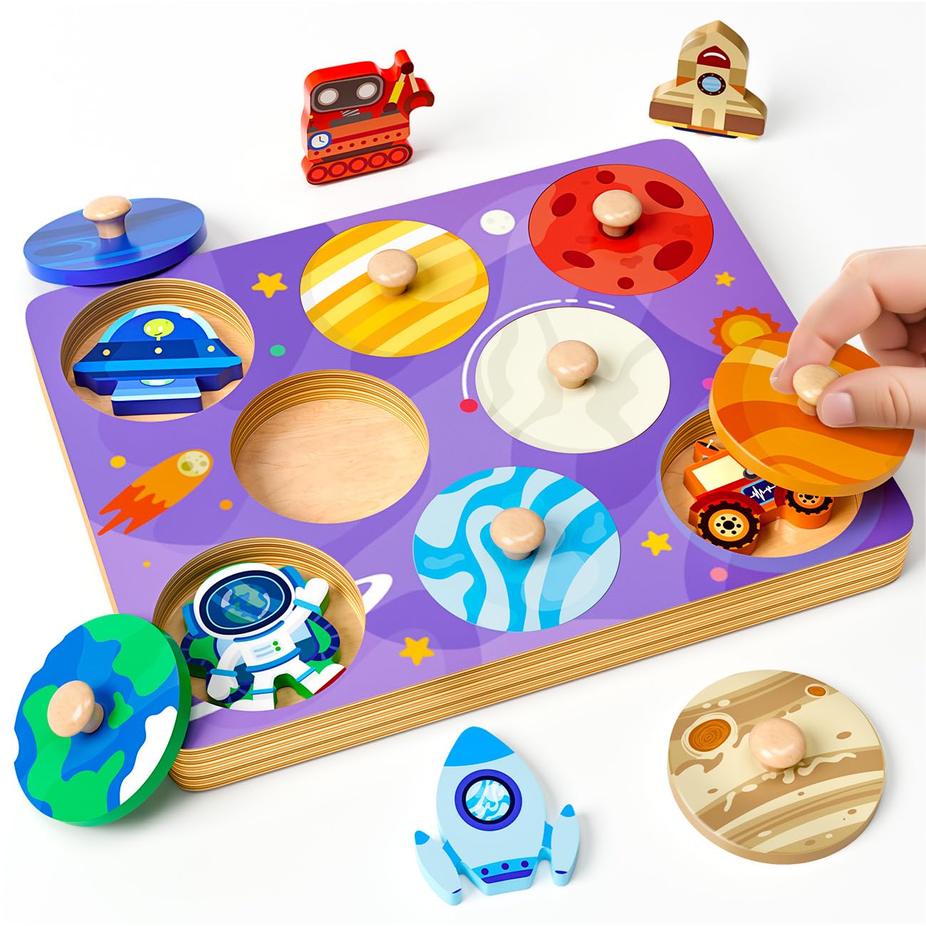 Solar System Peg Puzzles Wooden Toys for 1 2 Year Old, Montessori Toys for 12-18 Months Boys Girls, Learning Space Planet Educational Toys for Kids Toddlers Age 1-3, Easter Birthday Gifts Presents