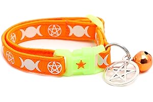 PUGS TO PERSIANS Wicca Cat Collar with Occult Charm & Bell | Witch’s Familiar Cat Collar | Witch Kitten Collar Charms | Glow in The Dark | Safety Breakaway Collar (Small(10lbs & Less), Orange)