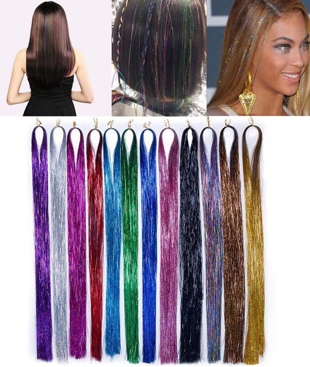 3Bag/1800PCS 47Inch Long Sparkling Shiny Hair Tinsel Extensions Colored