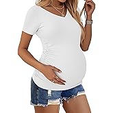 Ekouaer Maternity Shirts V Neck Short Sleeve Side Ruched Tops Tunic Casual Pregnancy Clothes White XXL