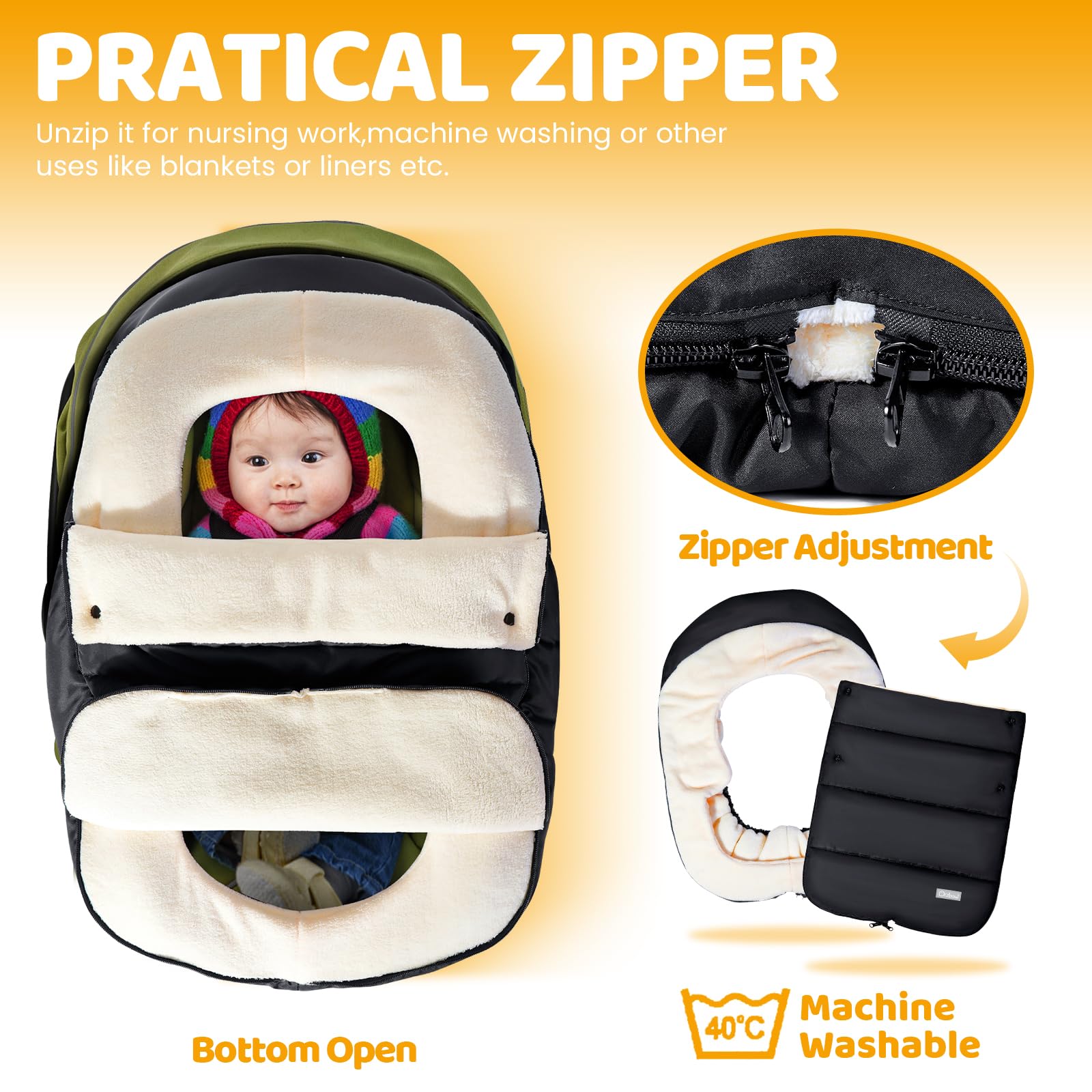 Orzbow Car Seat Covers for Babies Winter, Universal Baby Car Seat Cover with Adjustable Collar, Waterproof Carseat Cover with Zipper, Warm Coral Fleece, Detachable and Machine Washable, Black