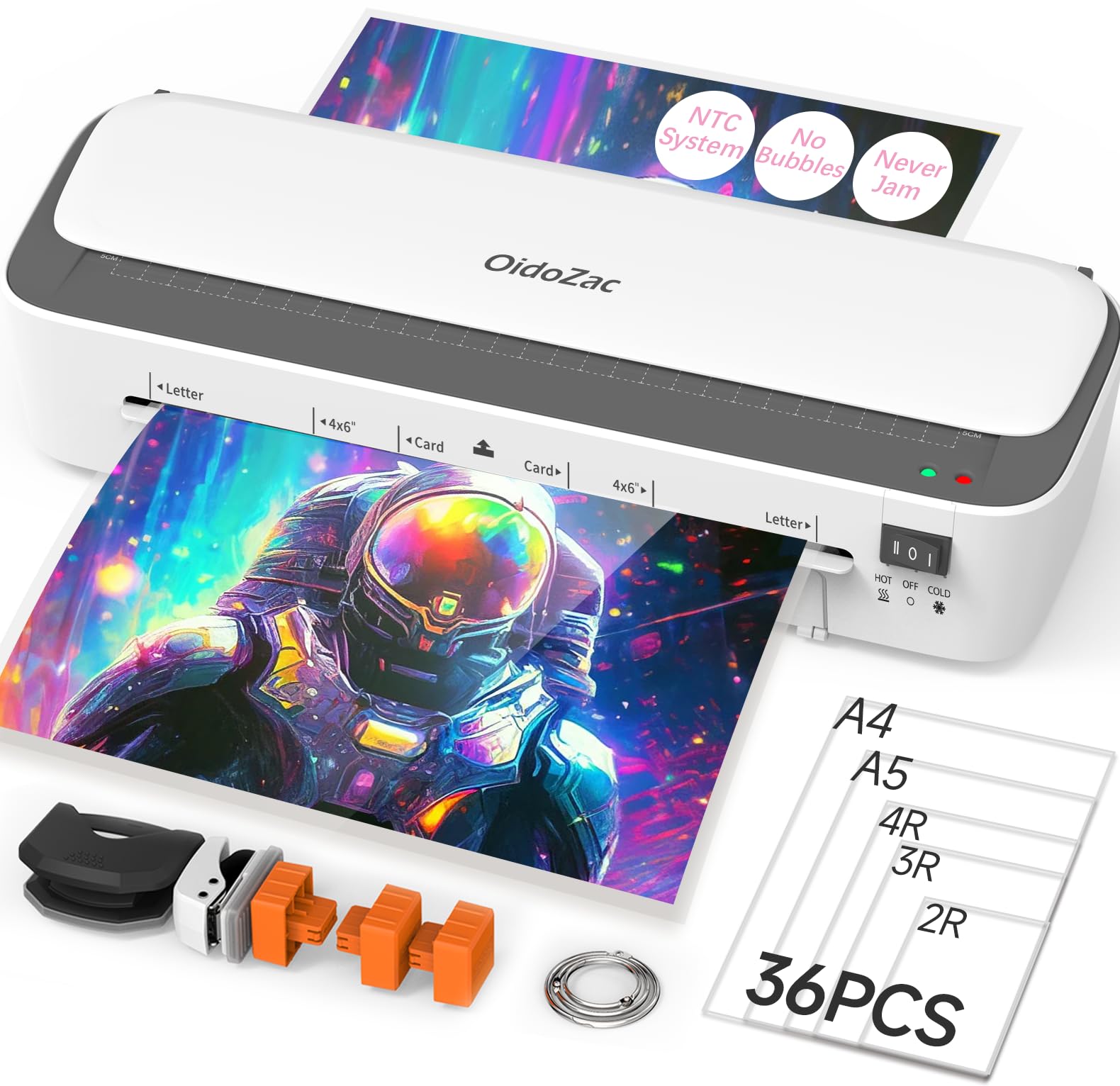 OidoZac A4 Laminator Machine, 11 in 1 Thermal Laminator with 36 Laminating Pouches, Cold Hot Lamination Machine 3 Cutter Heads & Built-in Trimmer for School Home Business Office(White)