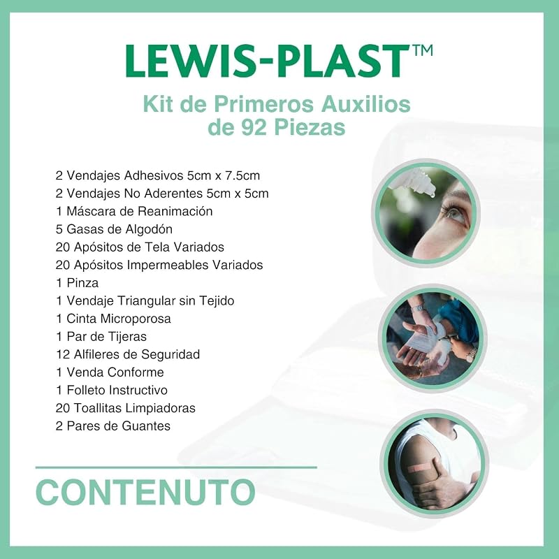 LEWIS PLAST Kit Completo de Primeiros Socorros 92 peças de primeiros socorros ao ar livre - kit que atende aos padrões europeus para atividades internas e externas