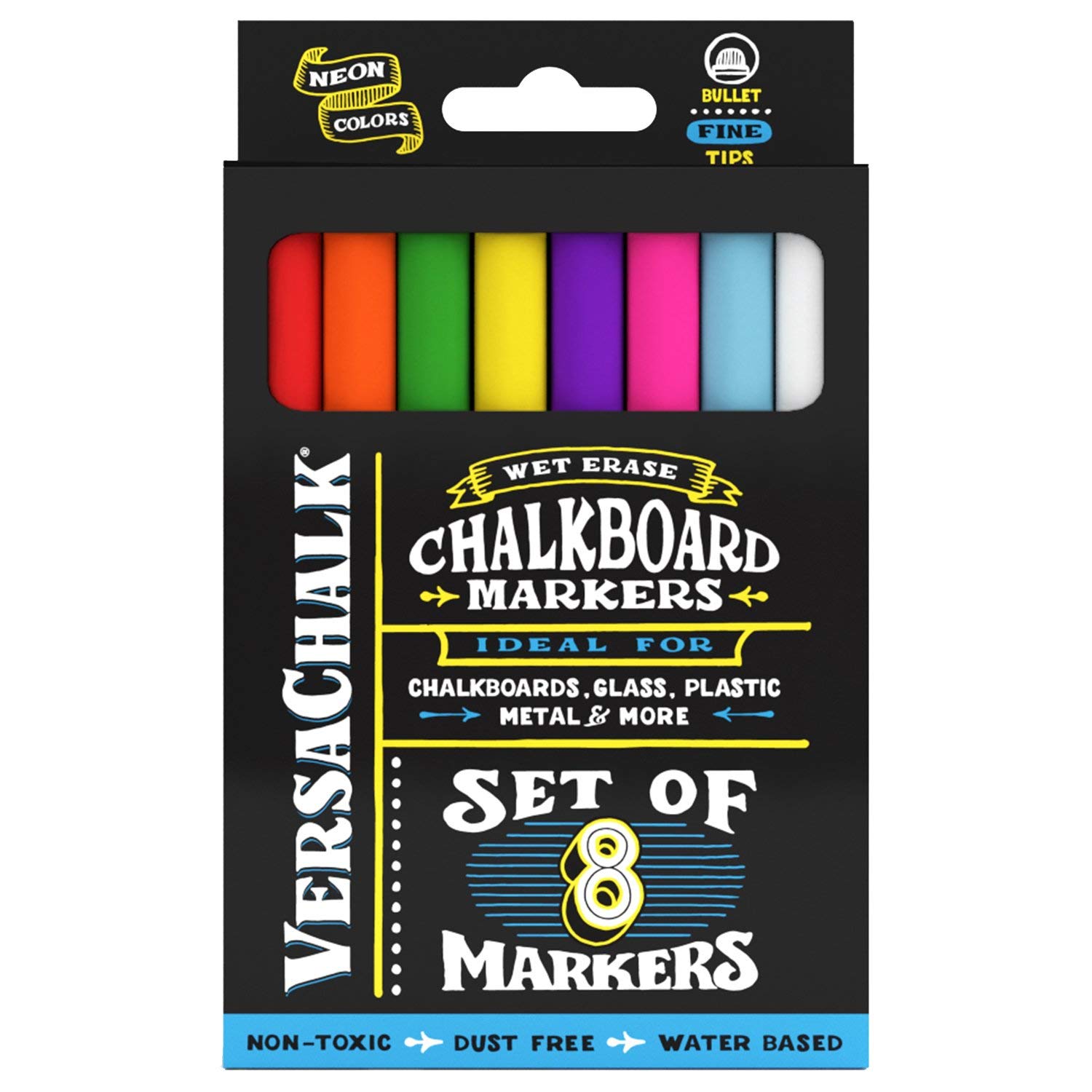 VersaChalk Neon Liquid Chalk Markers for Blackboards (Set of 8, 3mm, Fine Tip) - Erasable Washable Chalk Pens for Chalkboard Signs, Windows, Glass, Events, Schools, Office Supplies, and Business