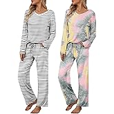 Ekouaer Womens 2 Pack Pajama Set Short & Long Sleeve Pajamas Top and Pants V Neck Pjs Set Soft Loungewear with Pockets