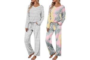 Ekouaer Womens 2 Pack Pajama Set Long Sleeve Pajamas Top and Pants V Neck Pjs Set Soft Loungewear with Pockets