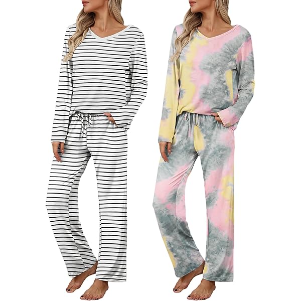 Real Essentials Women's 2 Pack Pajama Set - Short Sleeve & Long Sleeve PJs Purple Blue X-Small - View #12