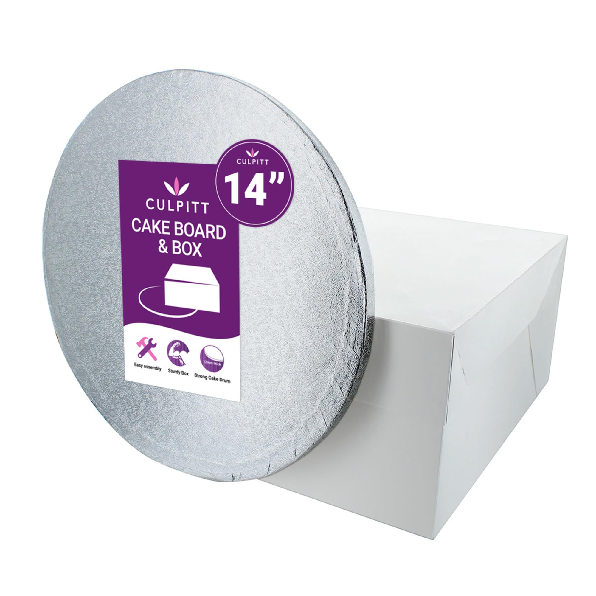 Culpitt 14 Inch Round Silver Cake Drum Board & White Cake Box Combo