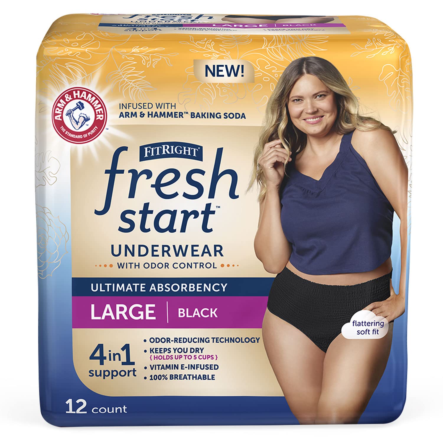 Photo 1 of * factory seal *
FitRight Fresh Start Incontinence and Postpartum Underwear for Women, Large, Black (12 Count) Ultimate Absorbency, Disposable Underwear with The Odor-Control Power of ARM & Hammer