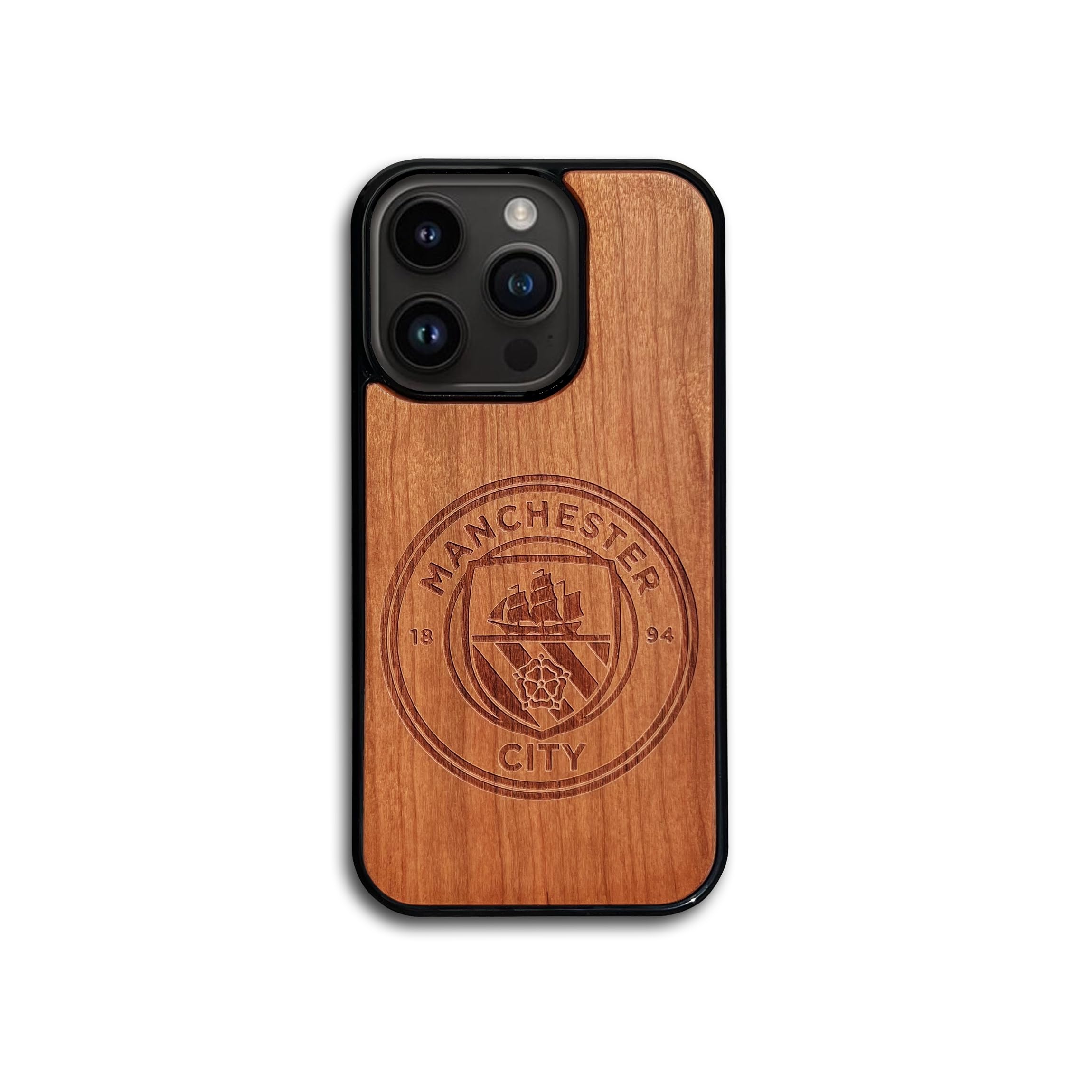Iconic Puzzles, Manchester City Wooden Phone Case in 100% sustainable wood, compatible with iPhone 13 Pro, resistant, gift idea