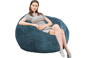 KISOY Bean Bag Chair 3Ft Luxurious Faux Rabbit Fur Memory Foam Bean Bag Chairs for Adults/Teens with Filling,Ultra Soft Faux Fur Fabric, Round Fluffy Sofa for Living Room Bedroom College Dorm (Blue)