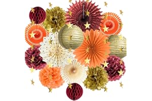 FETETIJD Fall Party Decorations Burgundy Orange Fall Birthday Party Decorations Paper Pom Poms Fans Paper Lanterns Gold Satr Garland Banner for Fall Autumn Harvest Birthday Thanksgiving Party Supplies